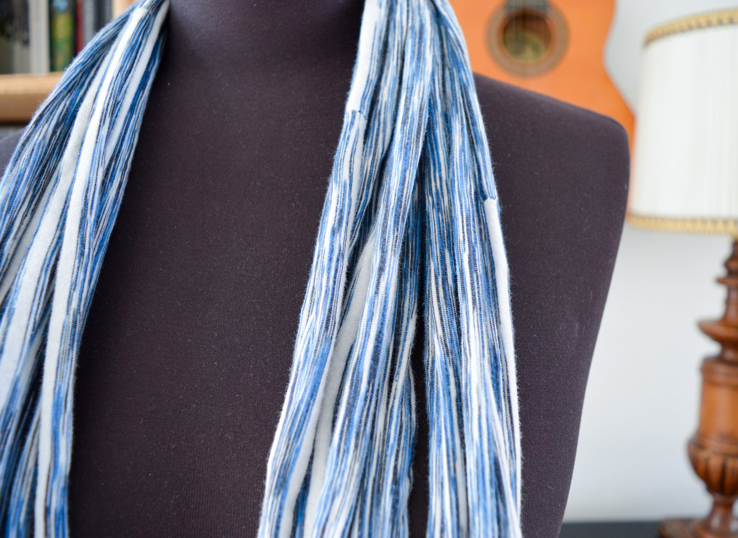 SALE Blue white striped necklace neck ornament loop scarf infinity scarf round scarf OOAK