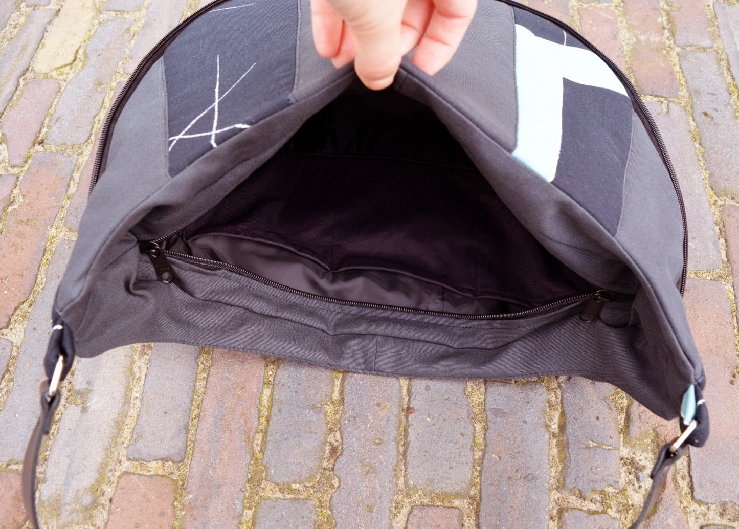 Abstract purse simple increasable large purse handbag shoulder bag canvas bag real genuine leather black strap elegant everyday purse OOAK