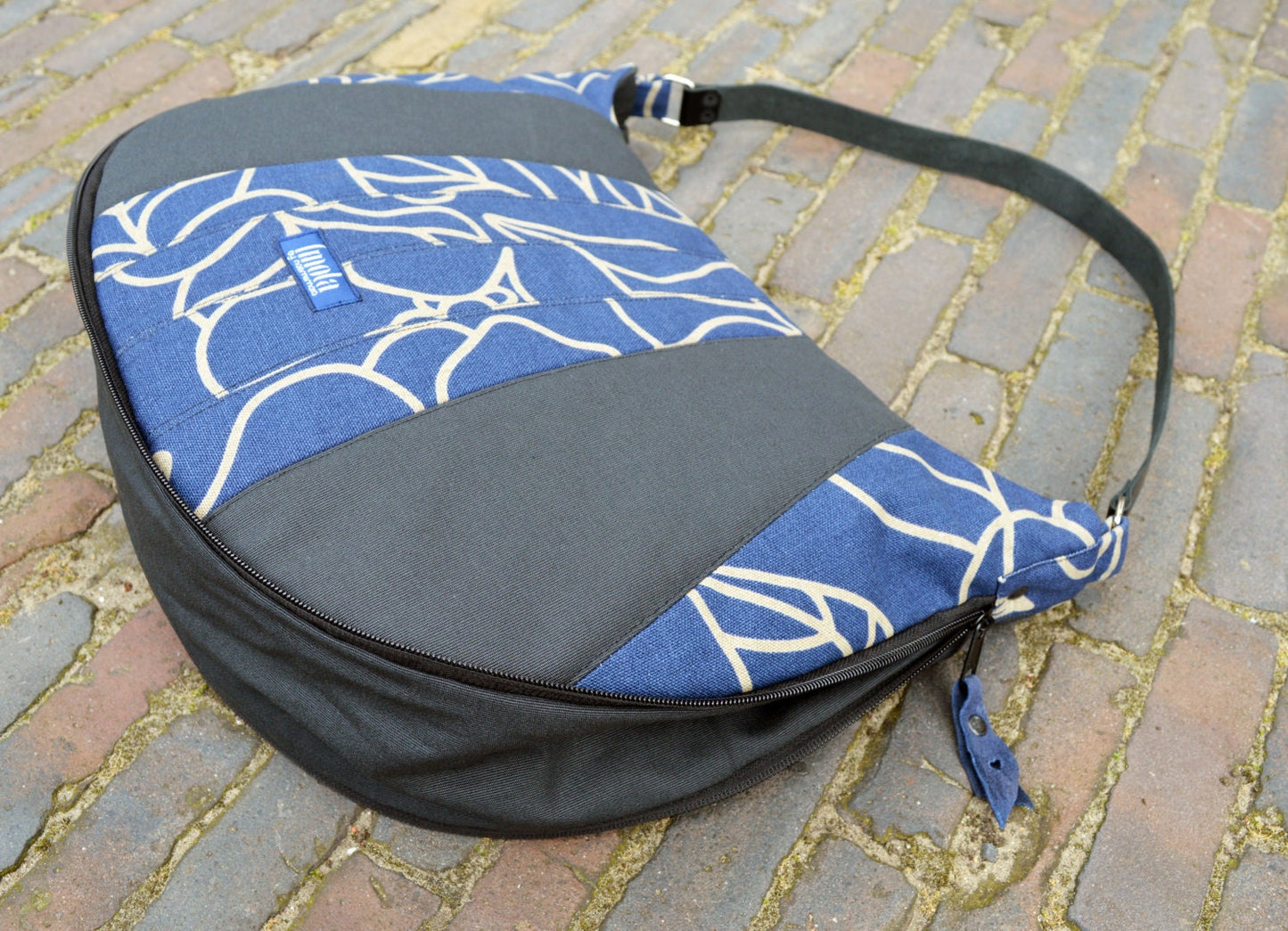 Blue gray purse simple increasable large purse handbag shoulder bag canvas bag real genuine leather black strap elegant everyday purse OOAK