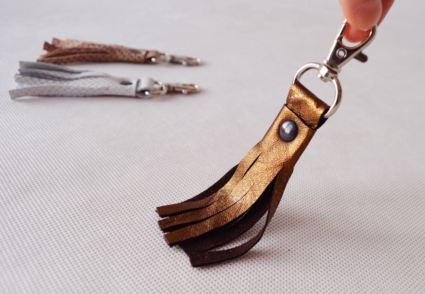 Genuine leather tassel keychain bag accessories white snake bronze beige snake