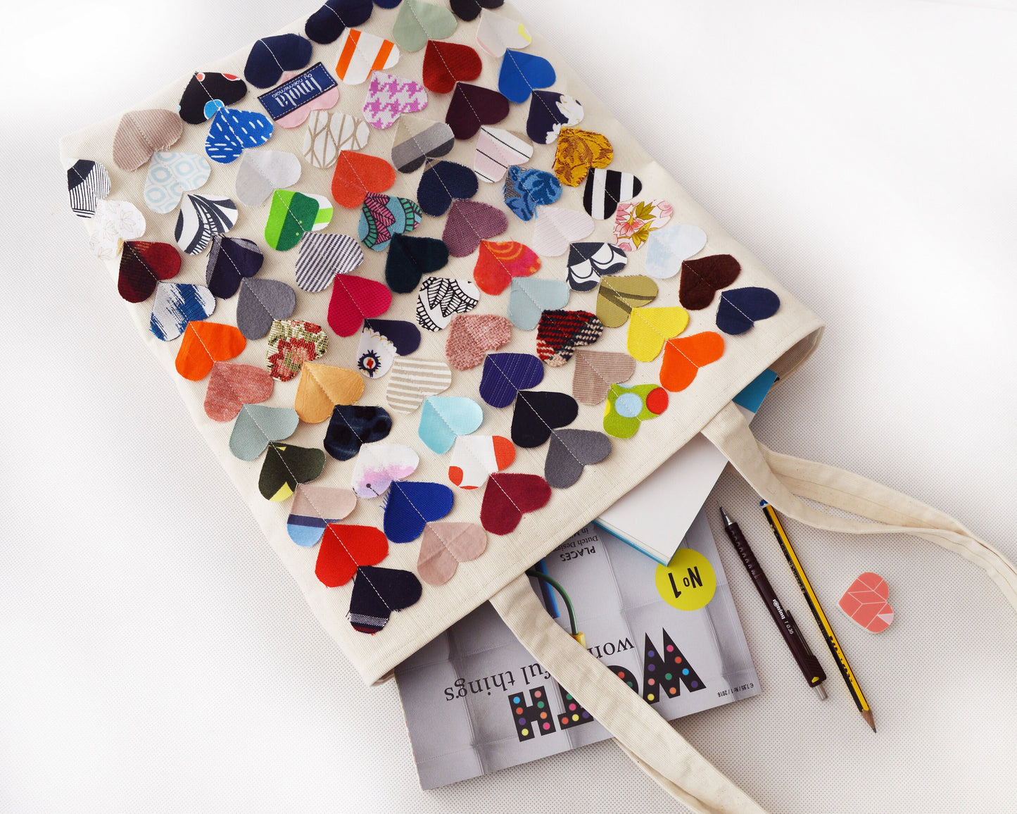 Colorful multi coloured canvas tote shopper bag beach bag beige rainbow hearts vegan bag tote bag happy hippie fun bag