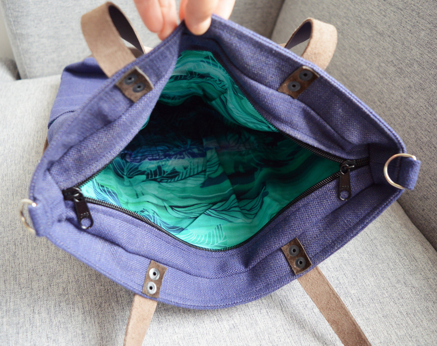 Large fold over canvas tote bag shopping bag casual fold over tote school bag blue-brown book bag variable tote crossbody messenger indigo