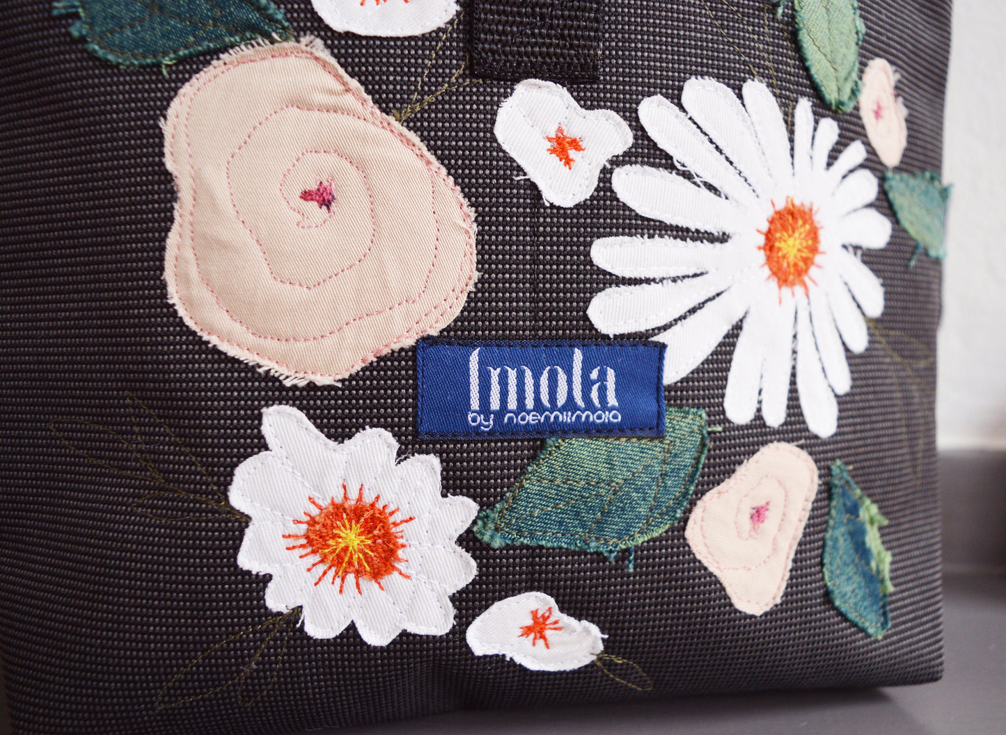 Backpack gray floral hipster backpack rucksack cycling bag everyday small mini backpack flowers applique daisy OOAK spring roses