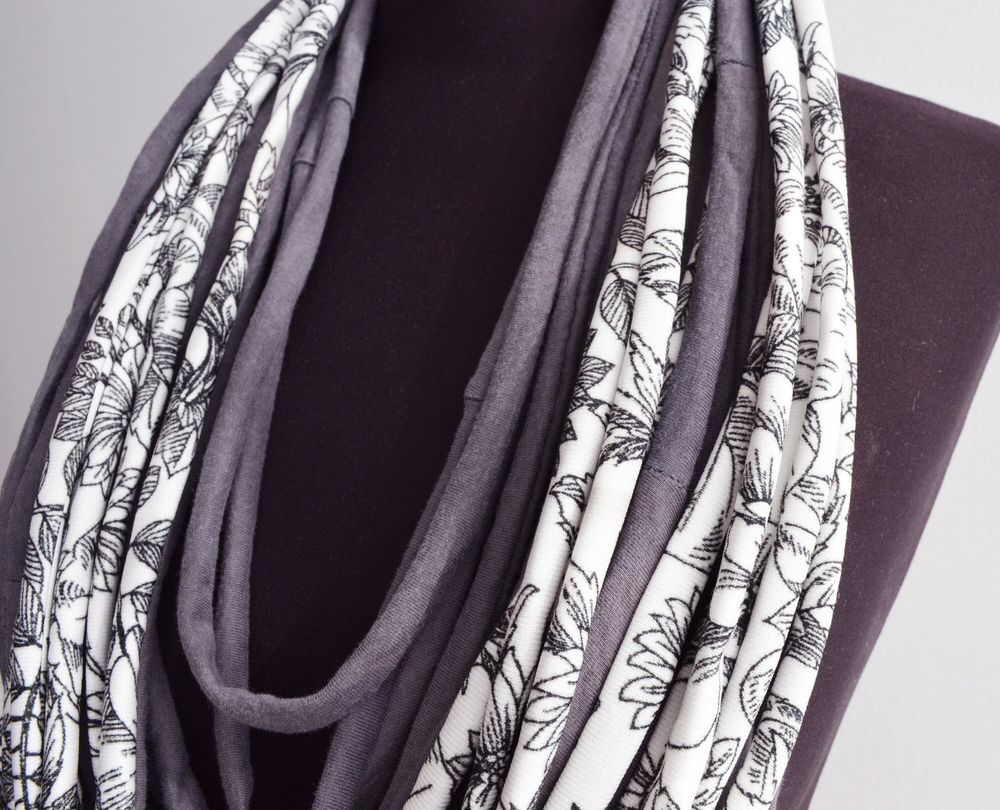 White gray necklace neck ornament loop scarf infinity scarf round scarf OOAK botanical pattern flowers upcycled t-shirt necklace