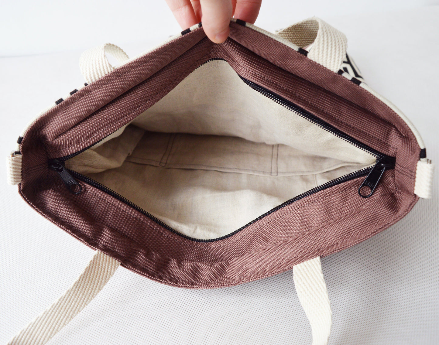 Large fold over canvas tote bag shopping bag casual fold over tote vegan school bag brown greek labyrinth pattern classy book bag for women