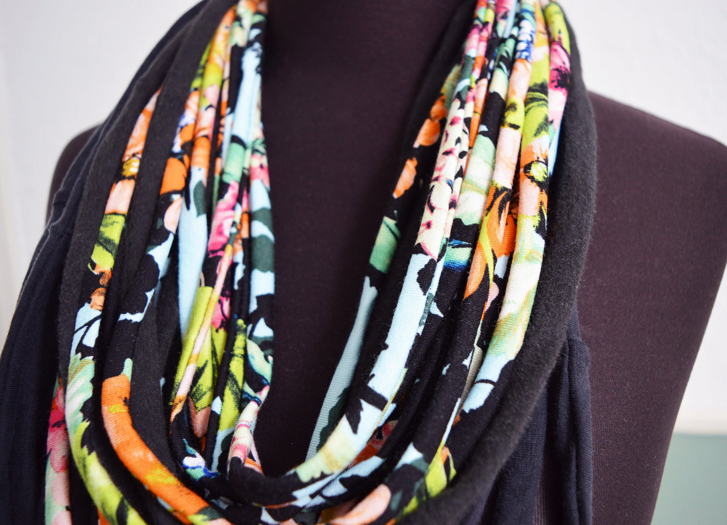 Tropical black necklace neck ornament loop scarf infinity scarf round scarf playful upcycled eco-friendly t-shirt necklace floral