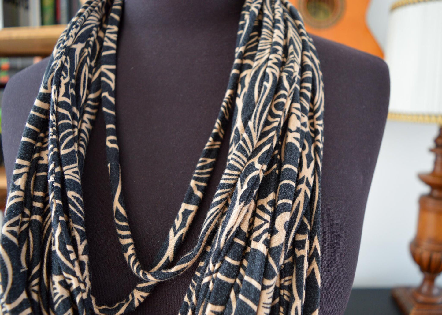 Black brown necklace neck ornament loop scarf infinity scarf round scarf OOAK floral