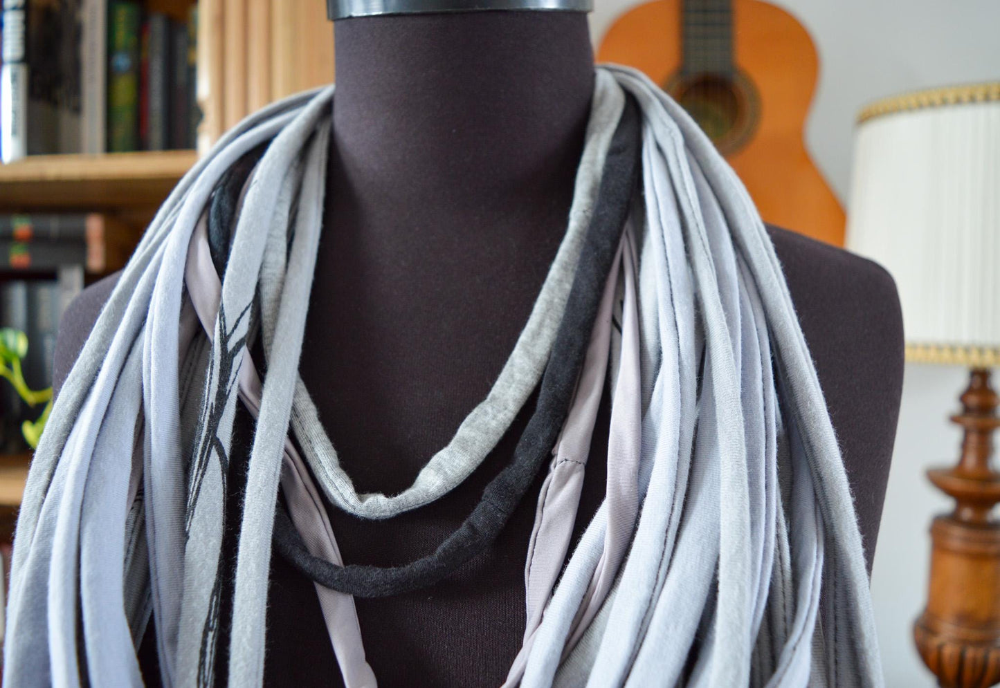 SALE Grey necklace neck ornament loop scarf infinity scarf round scarf OOAK upcycled