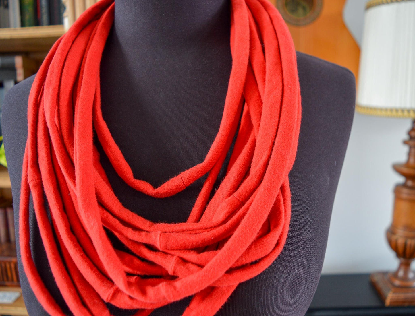 Red necklace neck ornament loop scarf infinity scarf round scarf OOAK orange red flame