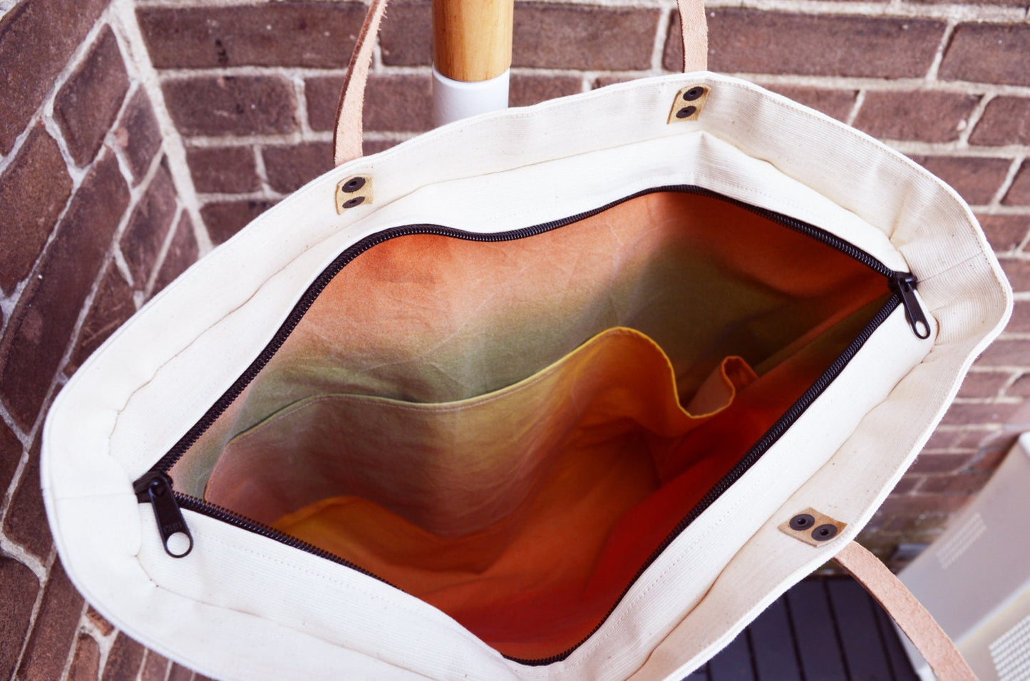 Large canvas tote shopping bag casual tote school bag orange brick red beige book bag weekender bag beige real leather strap women fiesta