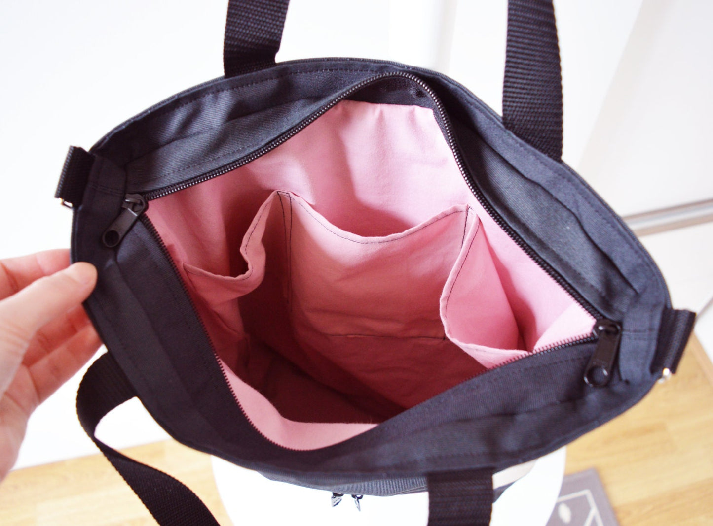 Large fold over canvas tote bag shopping bag casual fold over tote vegan school bag dark gray and upcycled striped book bag variable tote