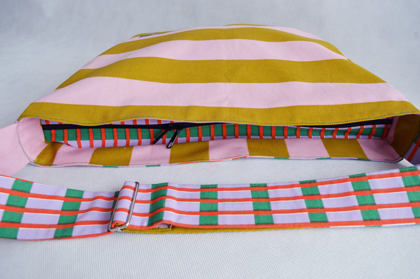 Colorful crossbody bag bike messenger bag pink yellow green striped geometric print