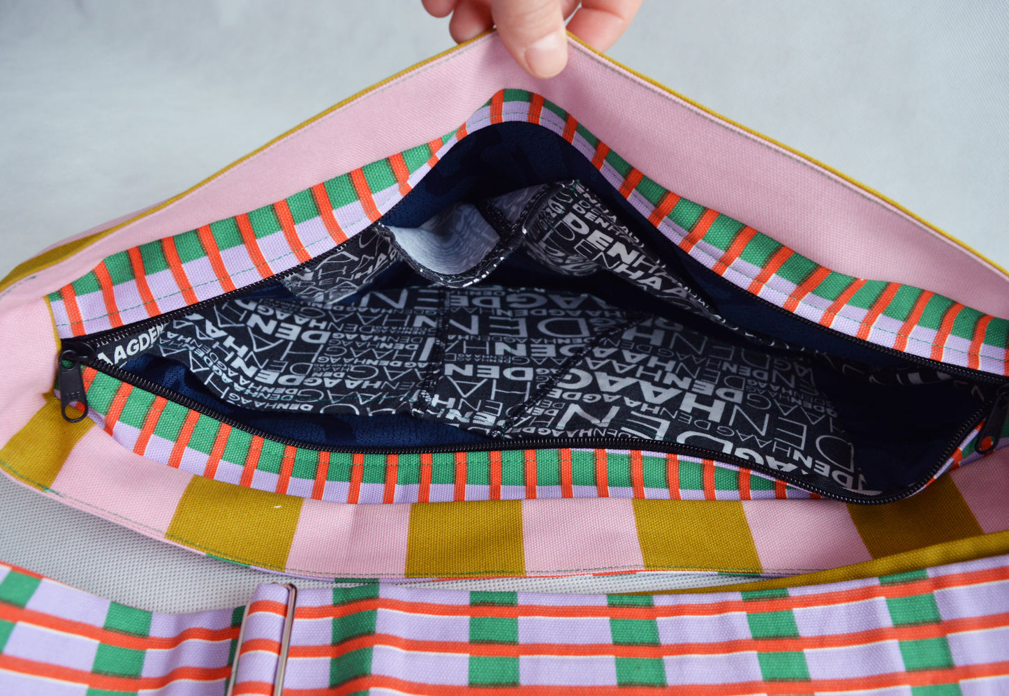 Colorful crossbody bag bike messenger bag pink yellow green striped geometric print