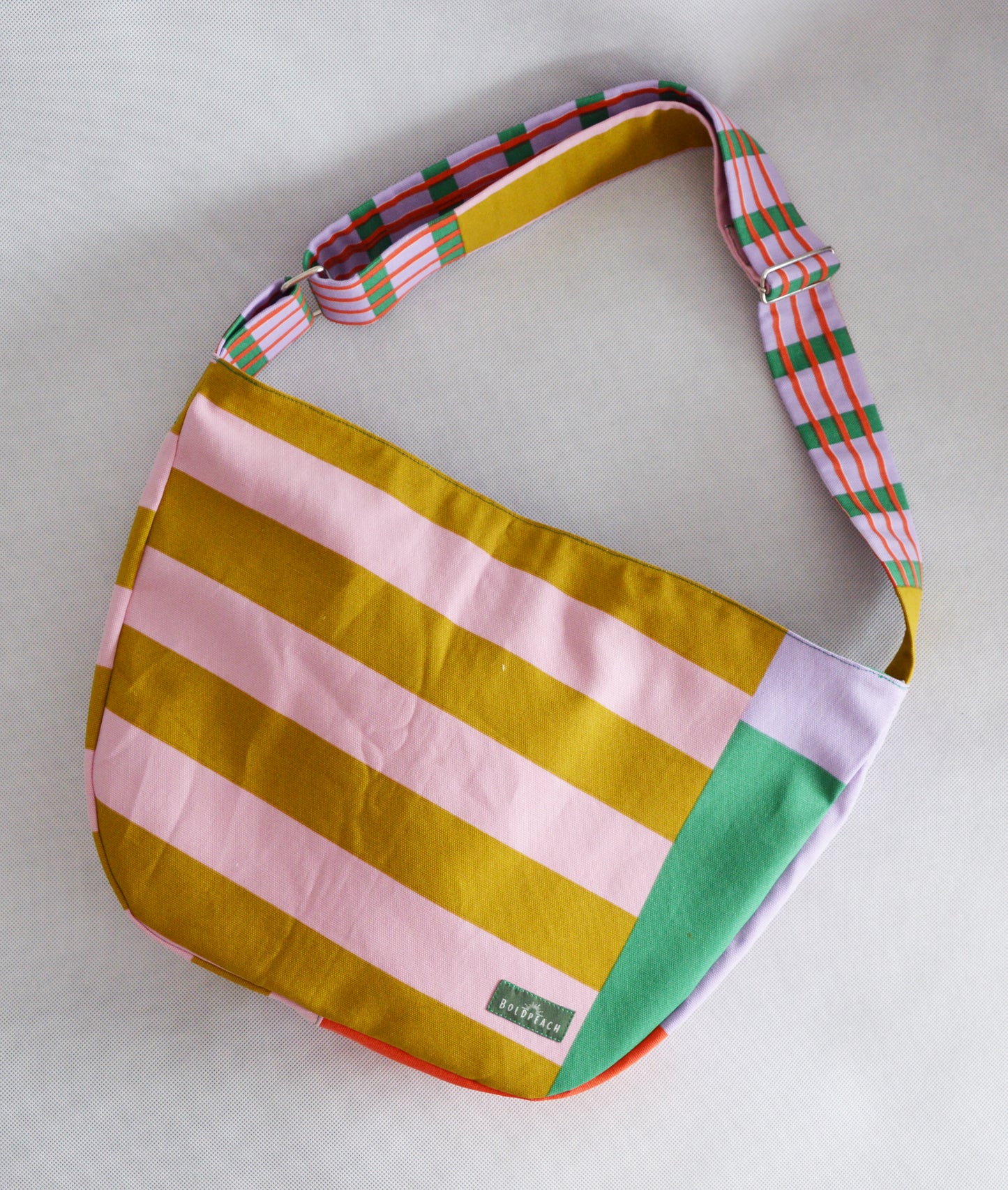 Colorful crossbody bag bike messenger bag pink yellow green striped geometric print