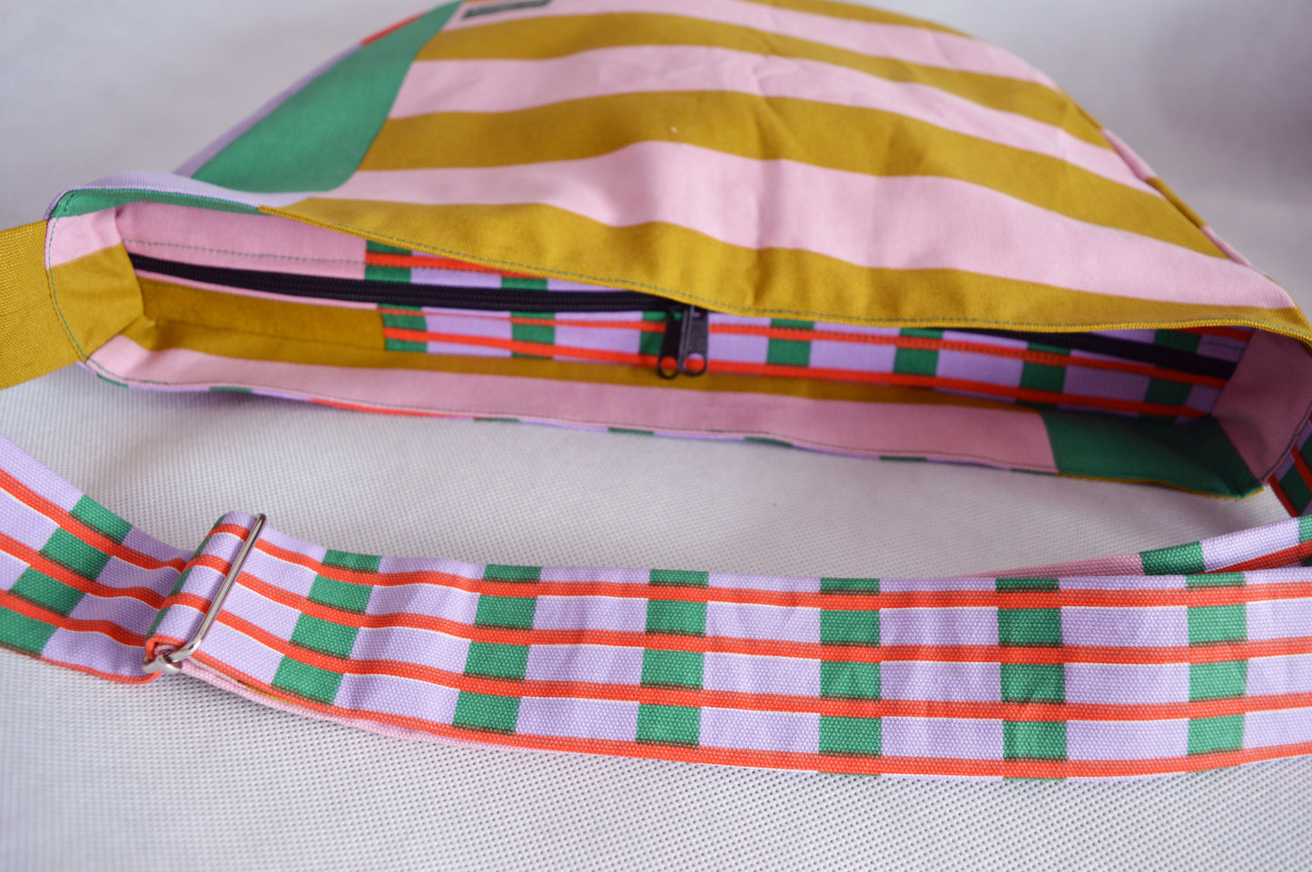 Colorful crossbody bag bike messenger bag pink yellow green striped geometric print