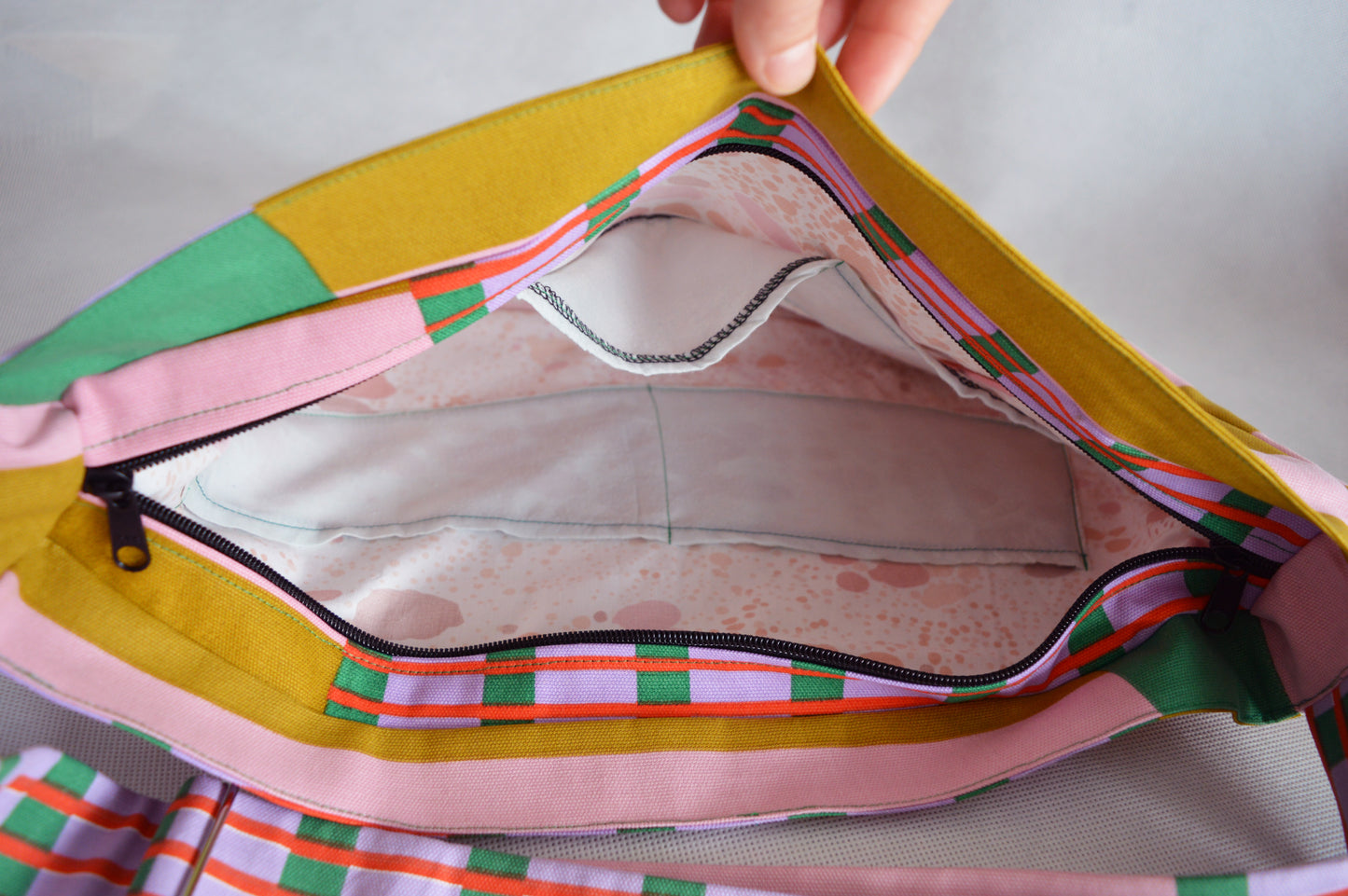 Colorful crossbody bag bike messenger bag pink yellow green striped geometric print