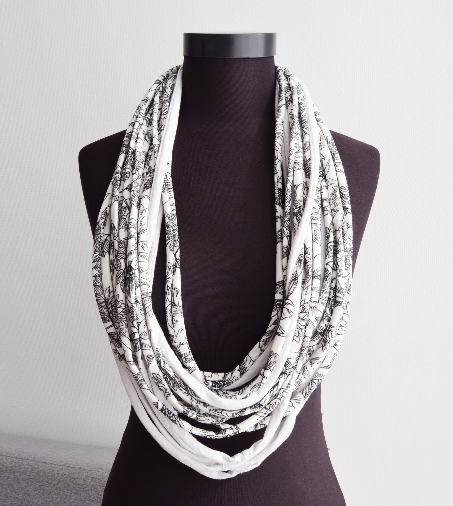 SALE! White black necklace neck ornament loop scarf infinity scarf round scarf OOAK botanical pattern flowers