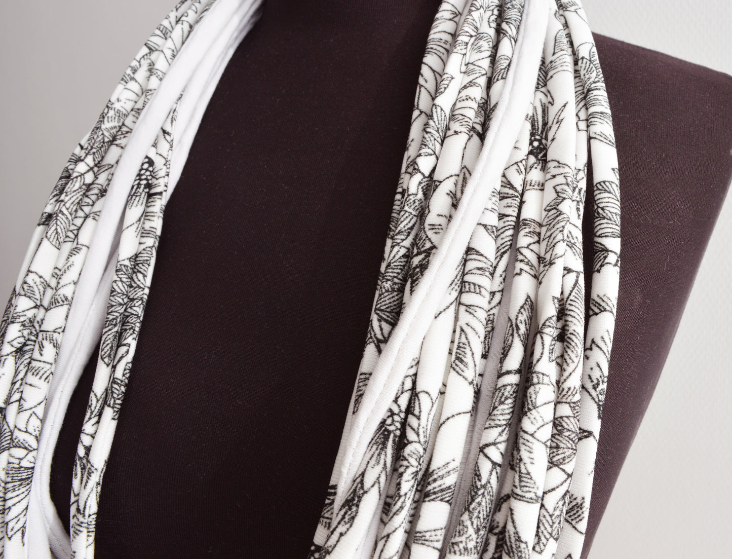 SALE! White black necklace neck ornament loop scarf infinity scarf round scarf OOAK botanical pattern flowers