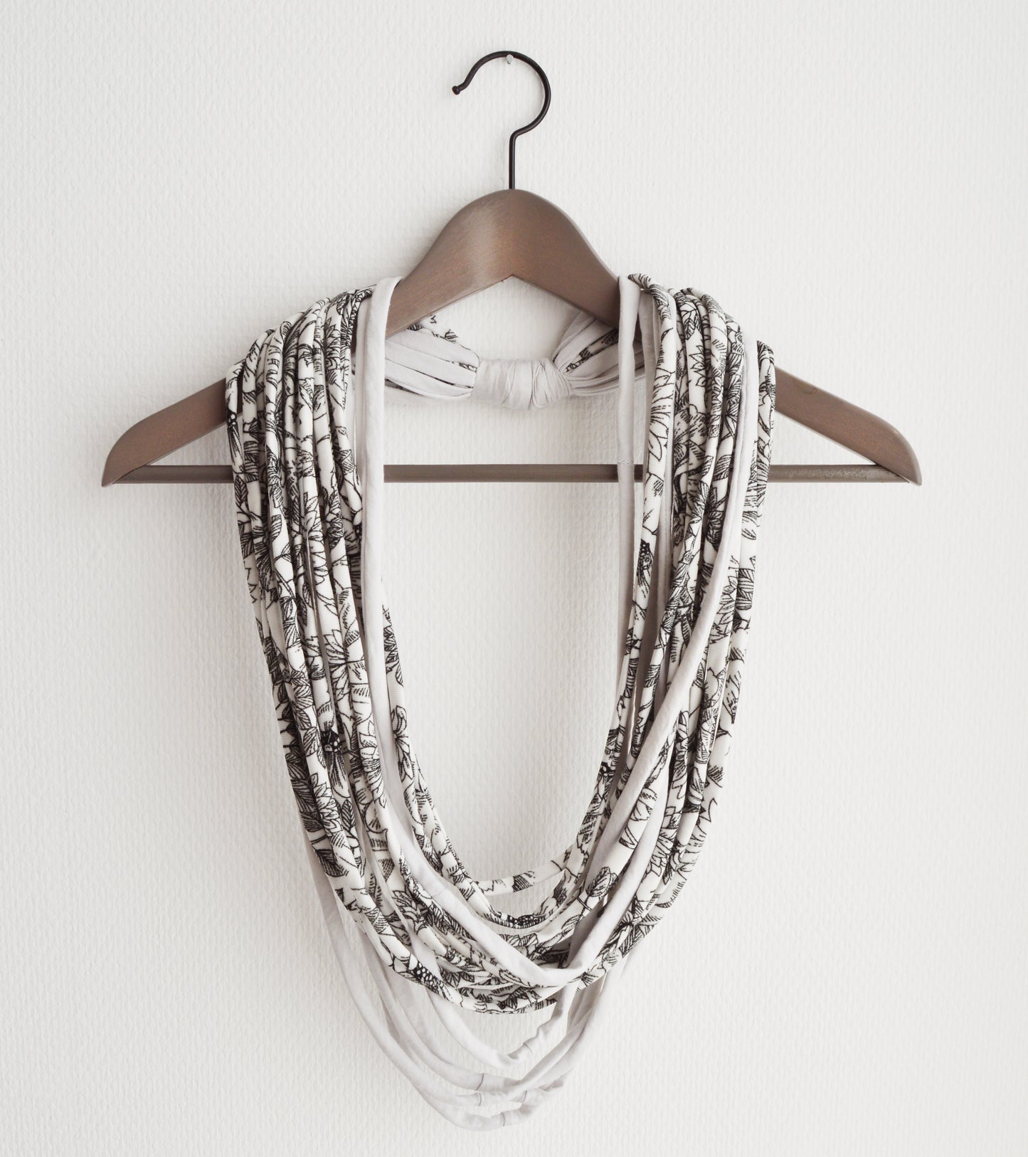 SALE! White black necklace neck ornament loop scarf infinity scarf round scarf OOAK botanical pattern flowers