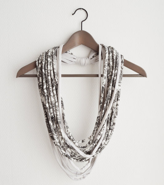 SALE! White black necklace neck ornament loop scarf infinity scarf round scarf OOAK botanical pattern flowers