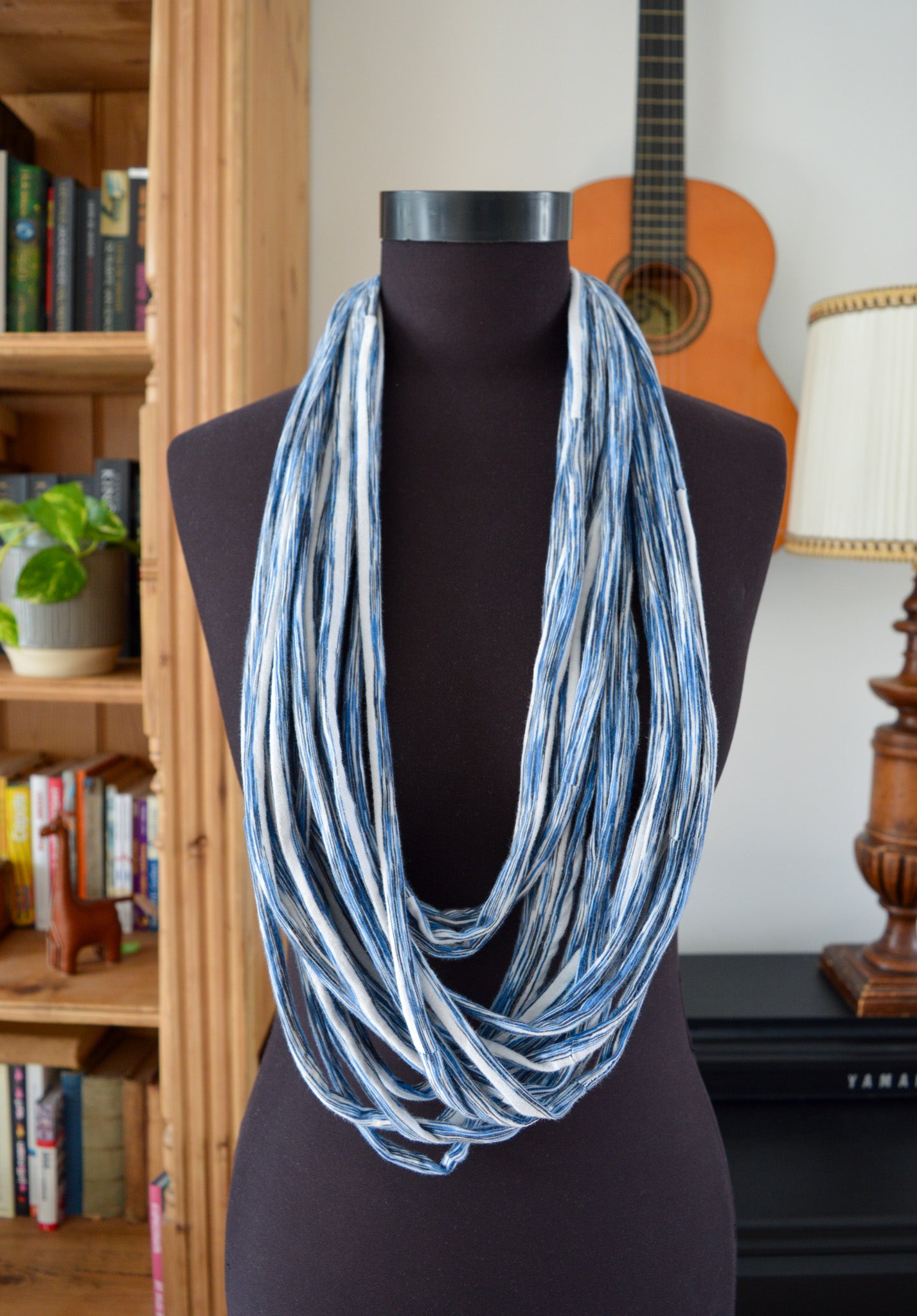 SALE Blue white striped necklace neck ornament loop scarf infinity scarf round scarf OOAK