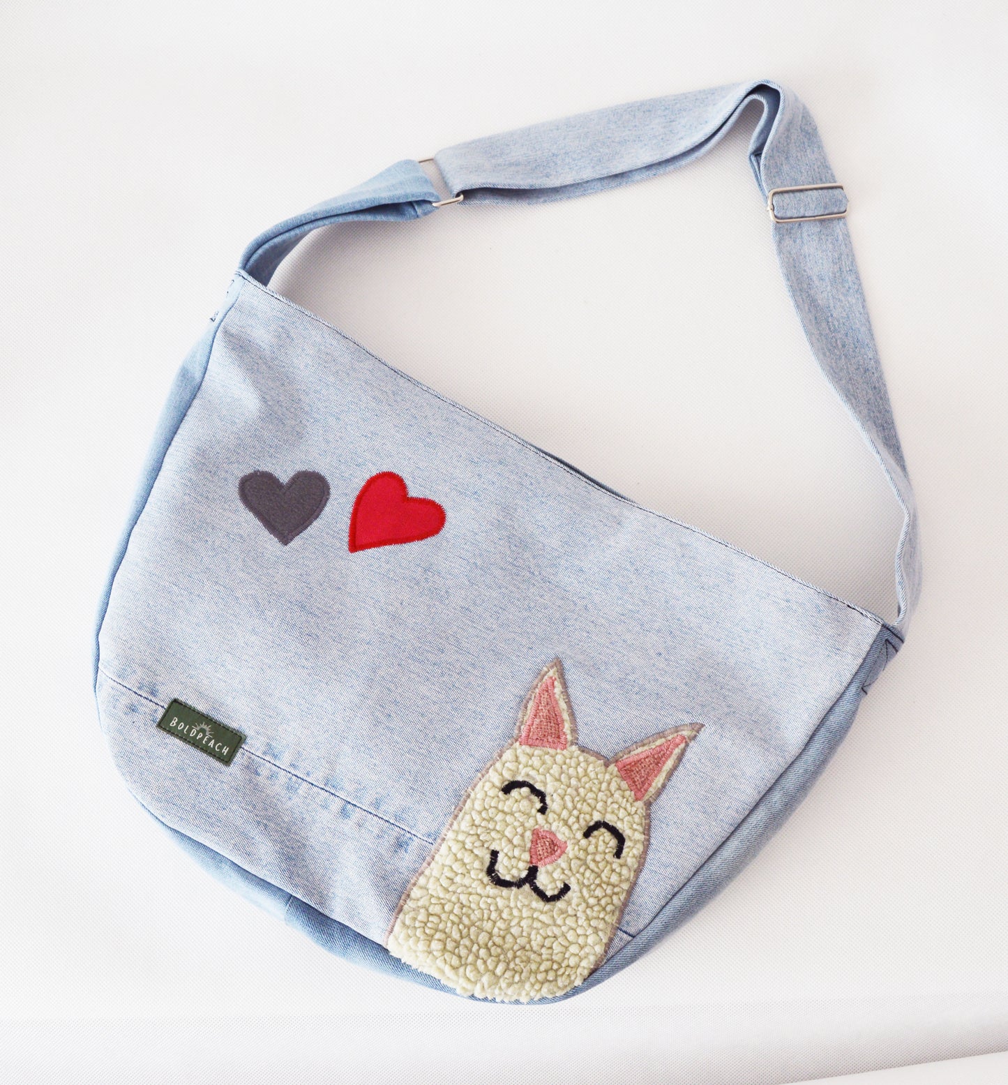 Crossbody bag bike messenger bag cycling bag applique cute kitty cat animal sweet adorable hearts bag upcycled recycled 1.1 BASIC COLLECTION