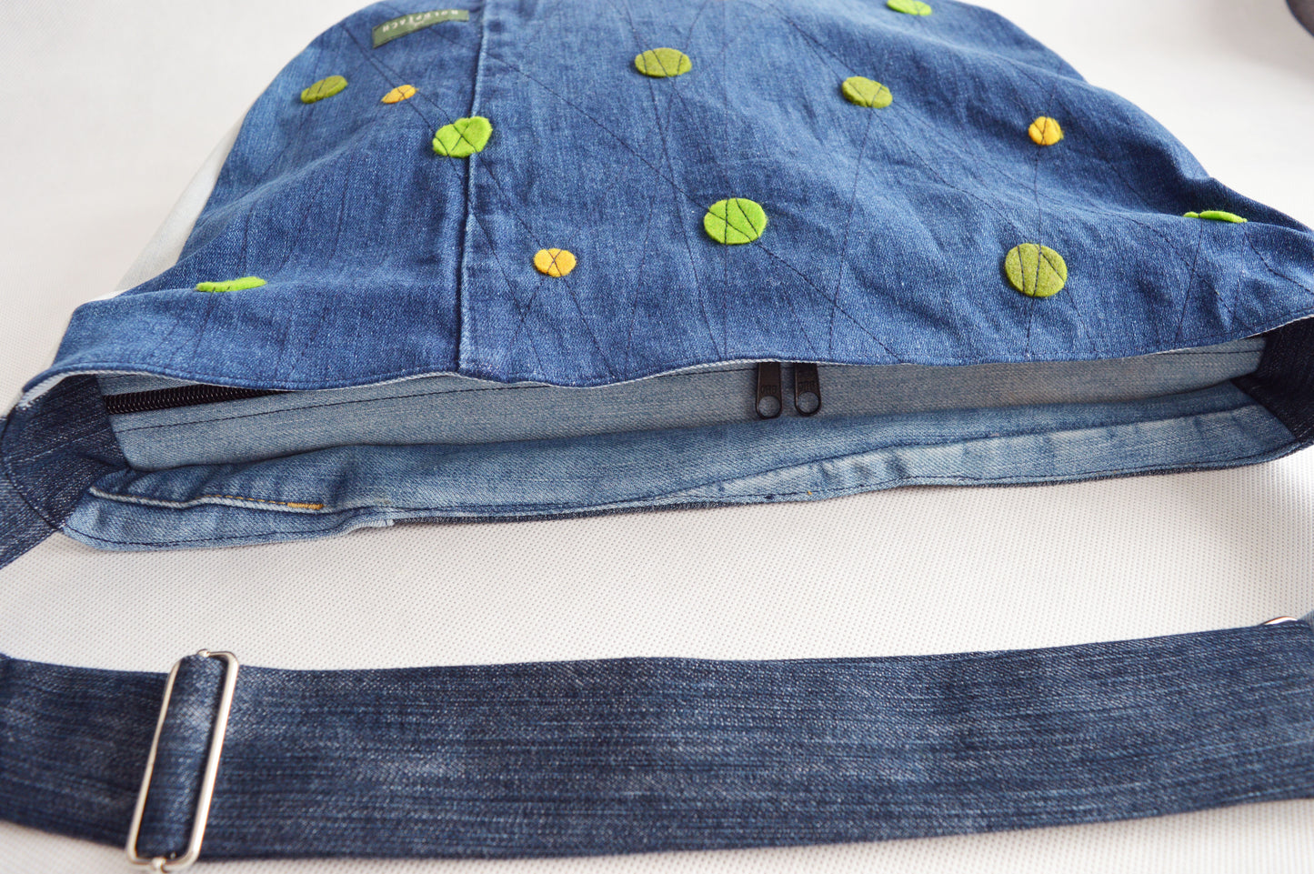 Bike crossbody bag denim jeans bike messenger bag green dotted minimal minimalist simple cycling bag upcycled 1.1 BASIC COLLECTION