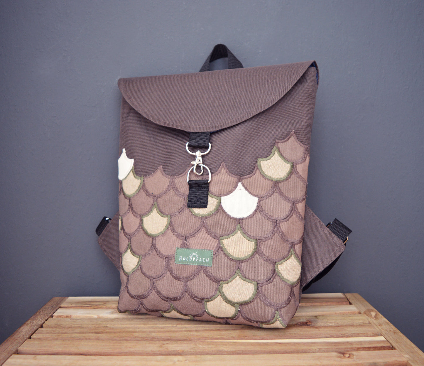 Backpack brown hipster backpack rucksack cycling bag everyday small mini backpack flakes fishscale applique mermaid pine cone OOAK vegan