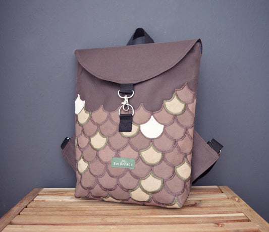 Backpack brown hipster backpack rucksack cycling bag everyday small mini backpack flakes fishscale applique mermaid pine cone OOAK vegan