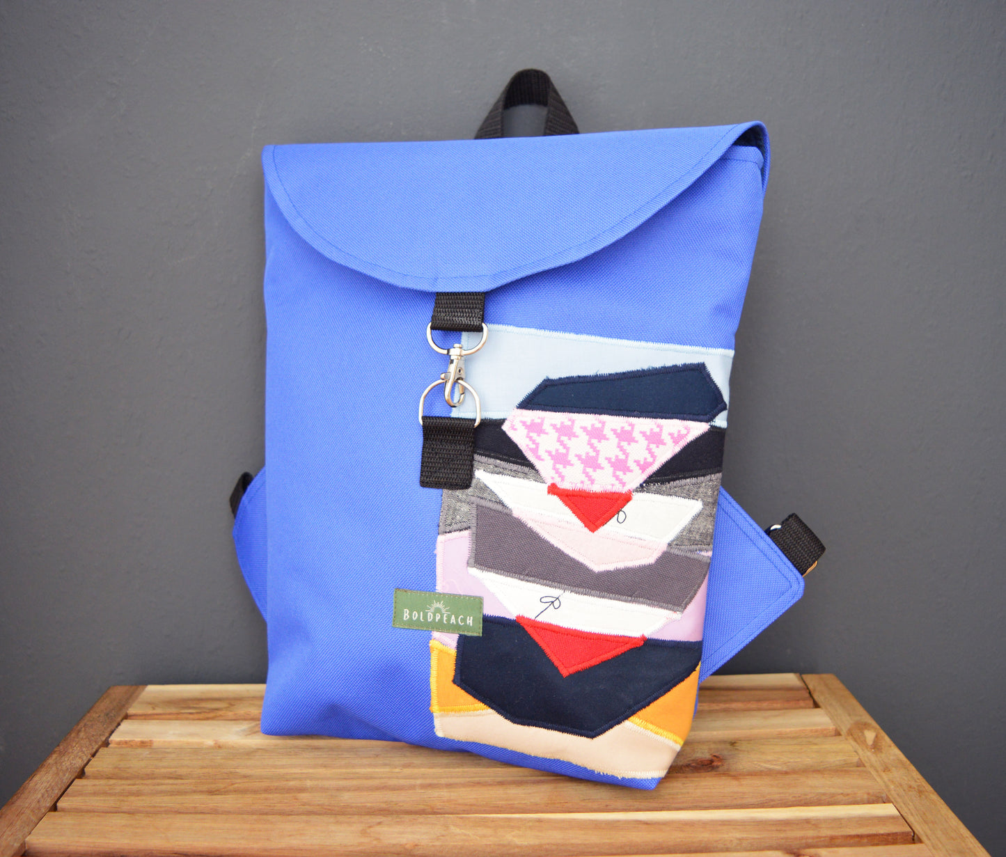 Backpack blue rucksack cycling bag small mini vegan hipster backpack geometric applique abstract everyday backpack OOAK purplish waterproof