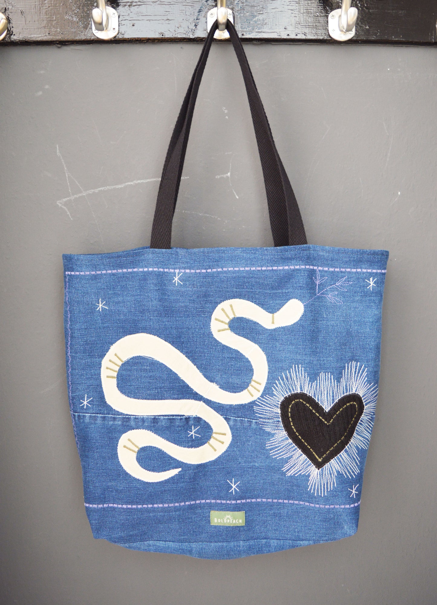 Blue shopper tote bag large shoulder bag canvas bag everyday shopper alternative old school tattoo style snake heart mystical celestial