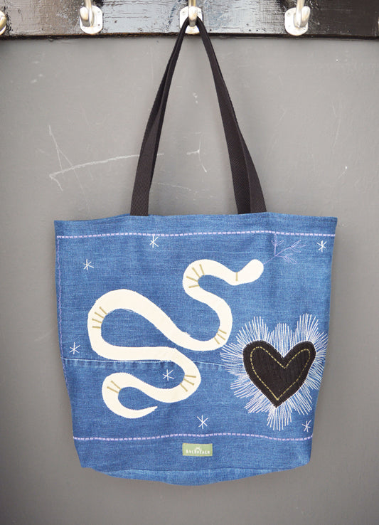 Blue shopper tote bag large shoulder bag canvas bag everyday shopper alternative old school tattoo style snake heart mystical celestial