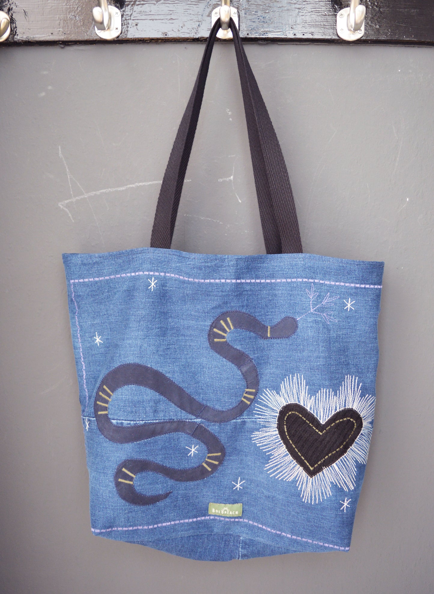 Blue shopper tote bag large shoulder bag canvas bag everyday shopper alternative old school tattoo style snake heart mystical celestial