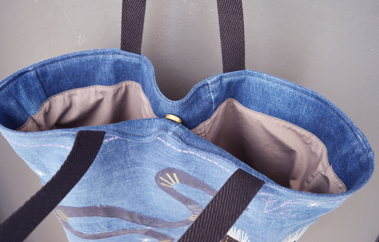 Blue shopper tote bag large shoulder bag canvas bag everyday shopper alternative old school tattoo style snake heart mystical celestial