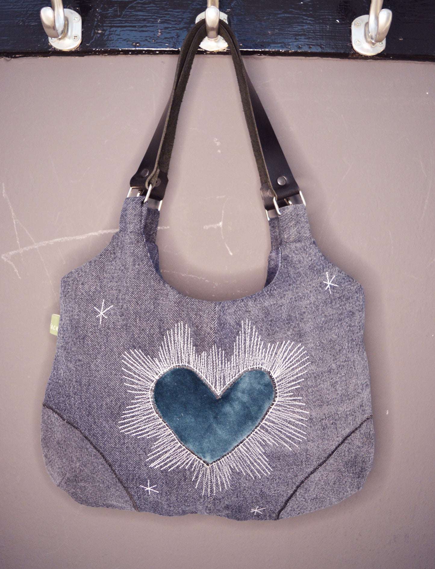 Dark blue shoulder bag with heart cool medium denim purse handbag canvas bag everyday clutch alternative old school tattoo style celestial