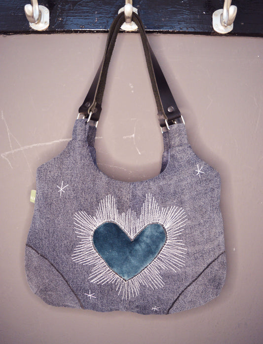 Dark blue shoulder bag with heart cool medium denim purse handbag canvas bag everyday clutch alternative old school tattoo style celestial