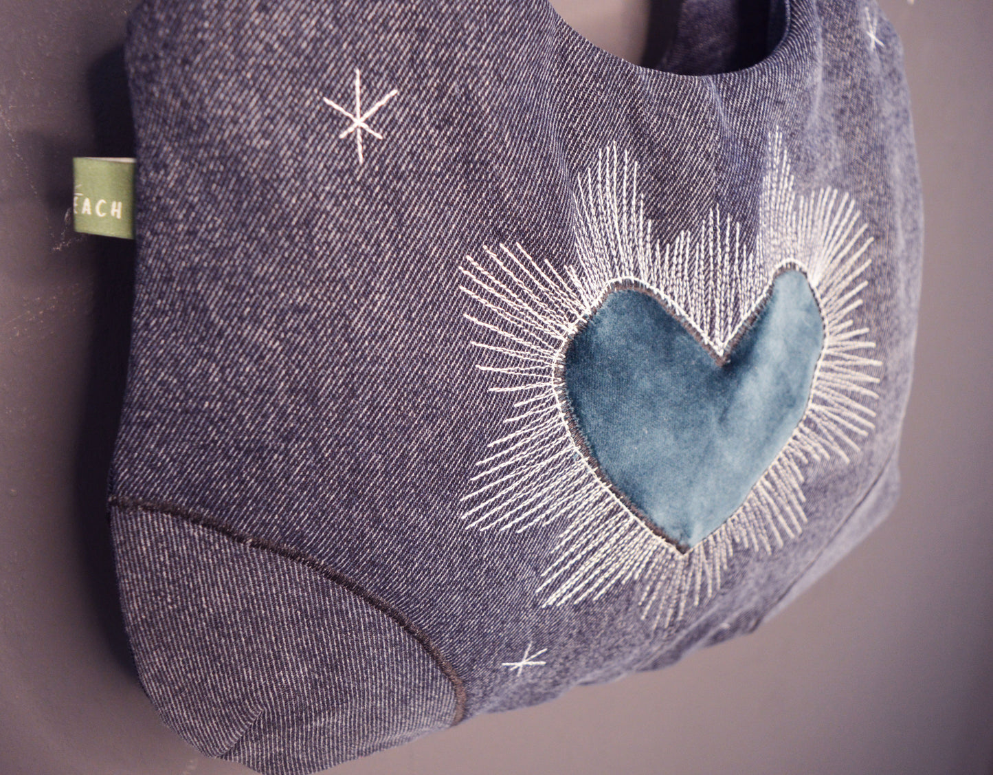 Dark blue shoulder bag with heart cool medium denim purse handbag canvas bag everyday clutch alternative old school tattoo style celestial