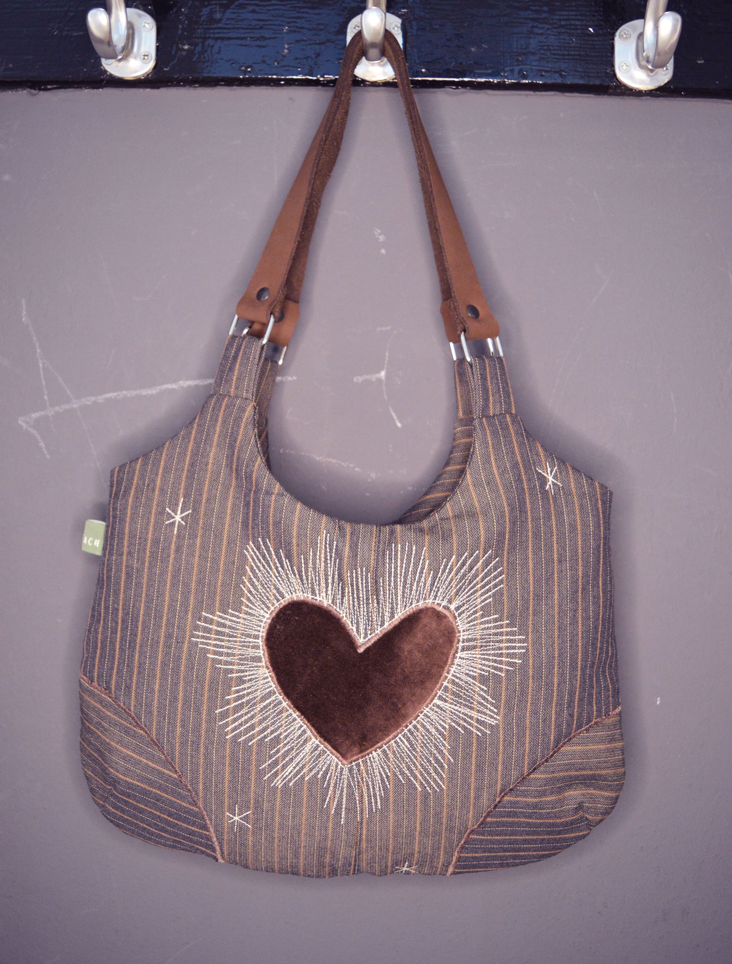 Brown shoulder bag with heart cool medium purse handbag canvas bag everyday purse clutch alternative old school tattoo style celestial