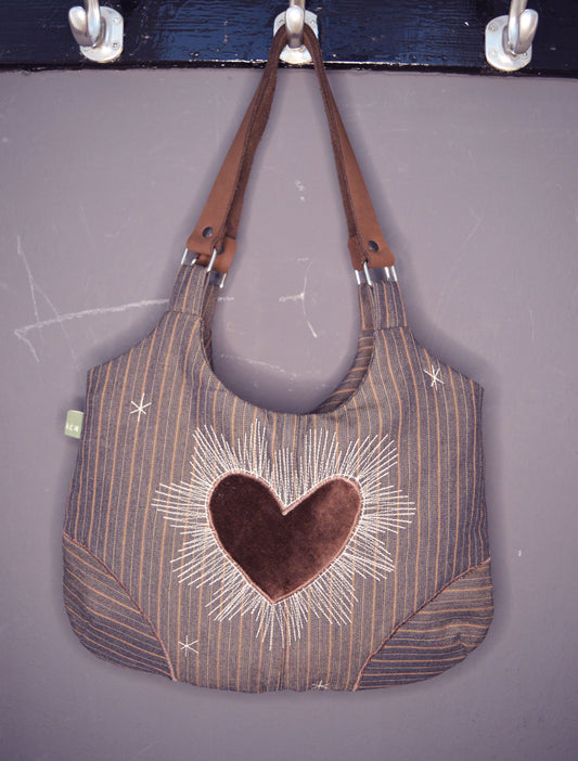 Brown shoulder bag with heart cool medium purse handbag canvas bag everyday purse clutch alternative old school tattoo style celestial