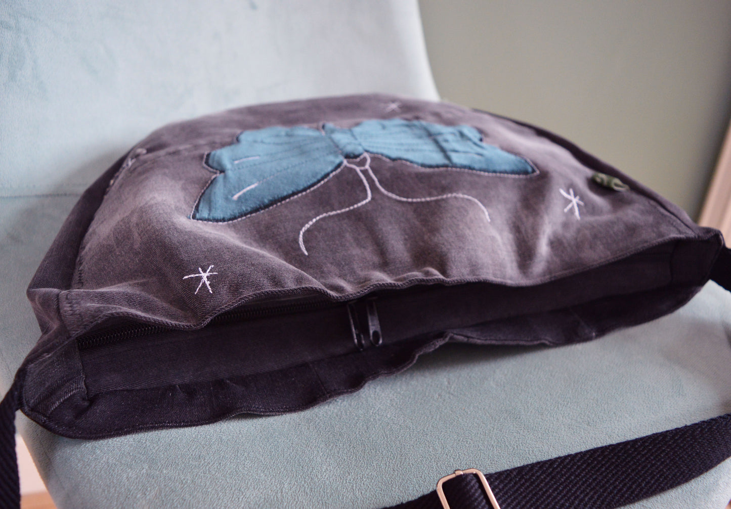 Black crossbody bag messenger bag butterfly moth medium vegan bag OOAK tarot metamorphosis vegan fashion mystic magical old school tattoo