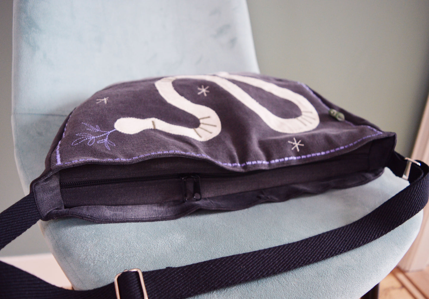 Black crossbody bag messenger bag snake medium vegan bag OOAK tarot the snake vegan fashion mystic magical old school tattoo celestial bag