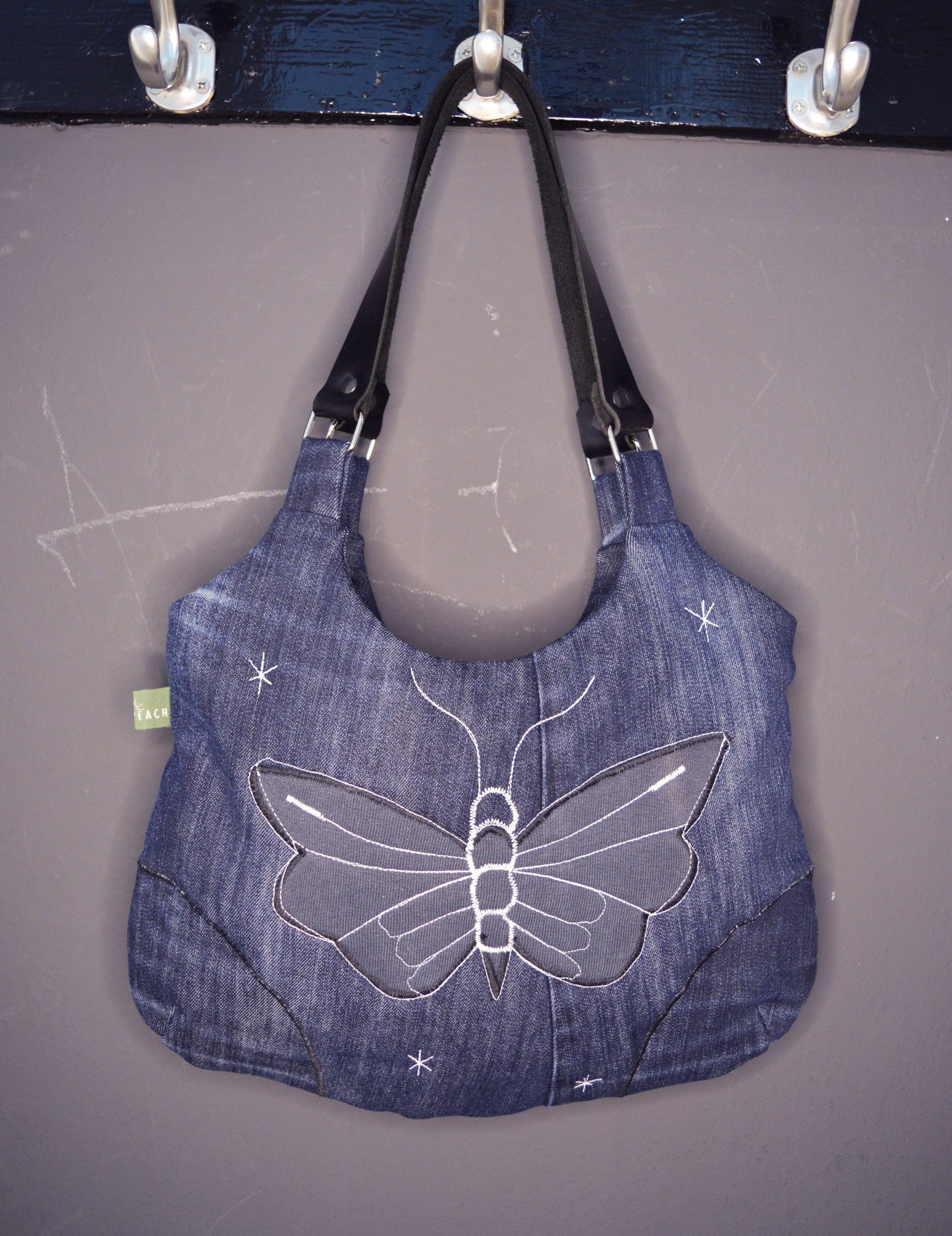 Blue shoulder bag with moth butterfly cool medium purse handbag canvas bag everyday purse clutch alternative old school tattoo style