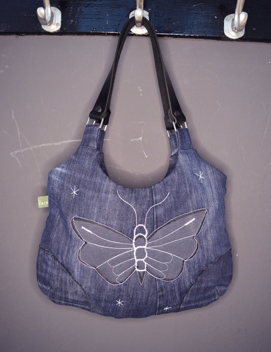 Blue shoulder bag with moth butterfly cool medium purse handbag canvas bag everyday purse clutch alternative old school tattoo style