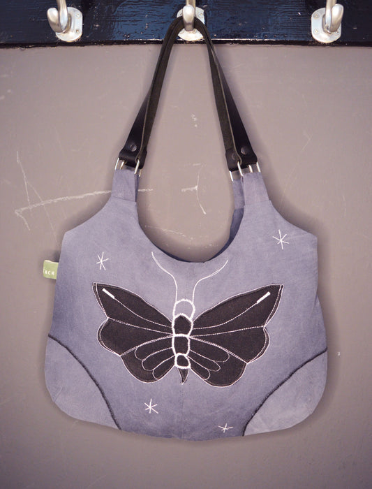 Gray shoulder bag with moth butterfly cool medium purse handbag canvas bag everyday purse clutch alternative old school tattoo style