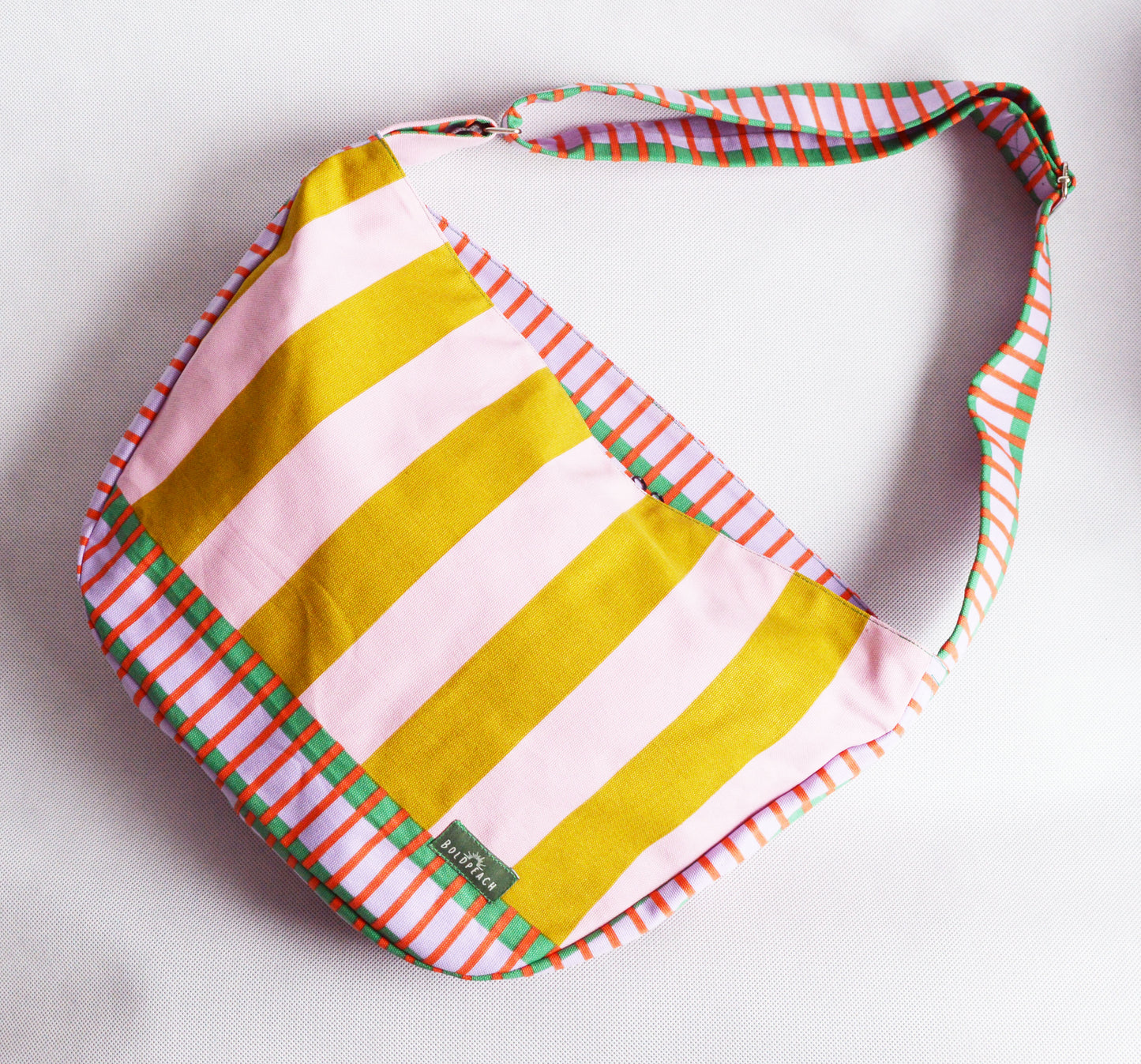 Colorful crossbody bag bike messenger bag pink yellow green striped geometric print