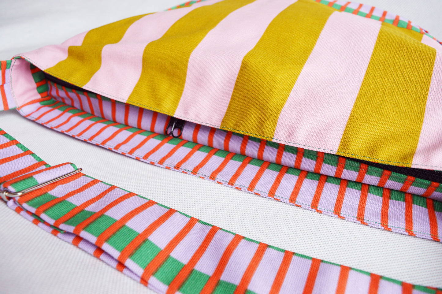 Colorful crossbody bag bike messenger bag pink yellow green striped geometric print