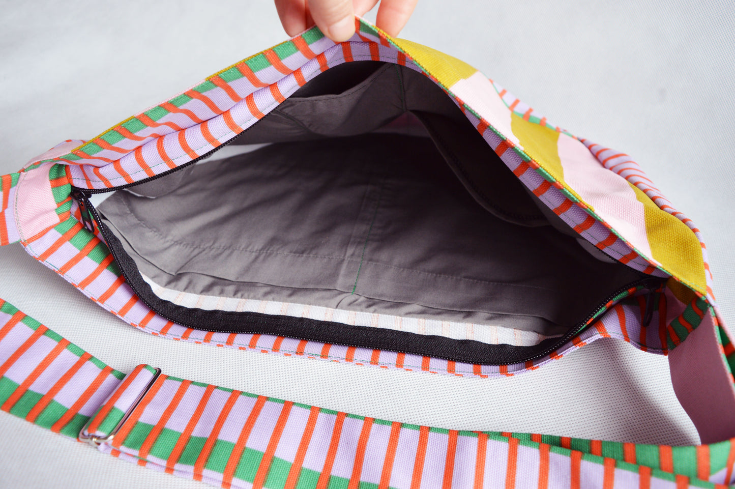 Colorful crossbody bag bike messenger bag pink yellow green striped geometric print