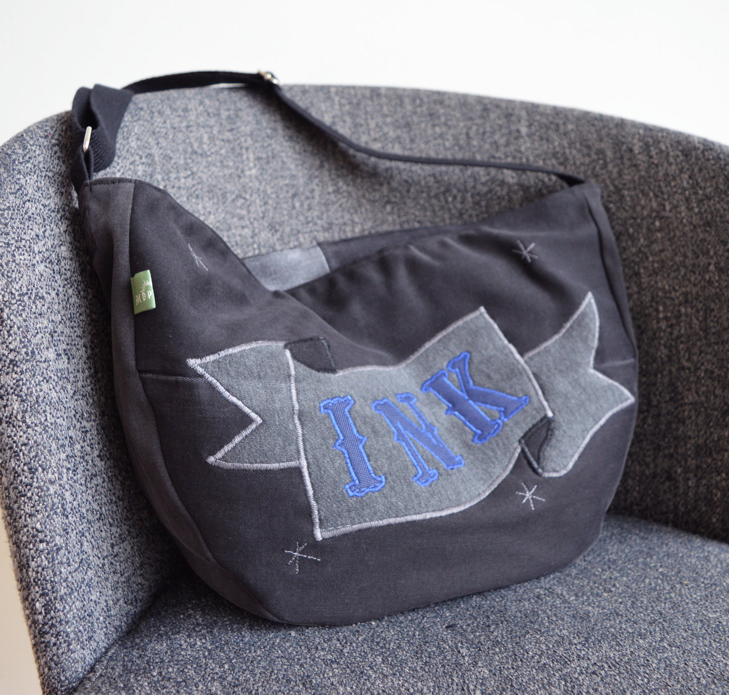 Black crossbody bag messenger bag ink text banner medium vegan bag OOAK vegan fashion mystic magical old school tattoo celestial bag