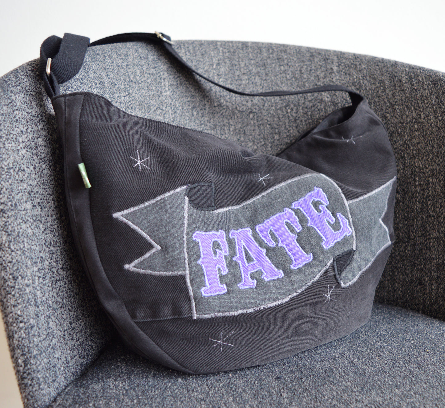 Black crossbody bag messenger bag fate text banner medium vegan bag OOAK vegan fashion mystic magical old school tattoo celestial bag