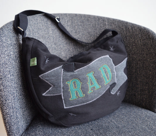 Black crossbody bag messenger bag rad text banner medium vegan bag OOAK vegan fashion mystic magical old school tattoo celestial bag